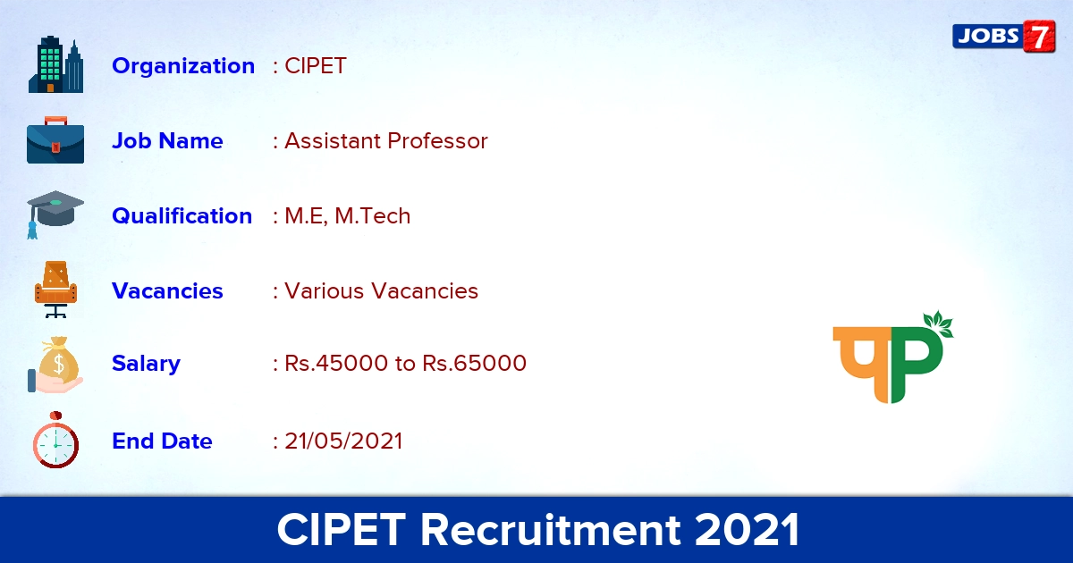 CIPET Recruitment 2021 - Apply Offline for NaN Assistant Professor vacancies