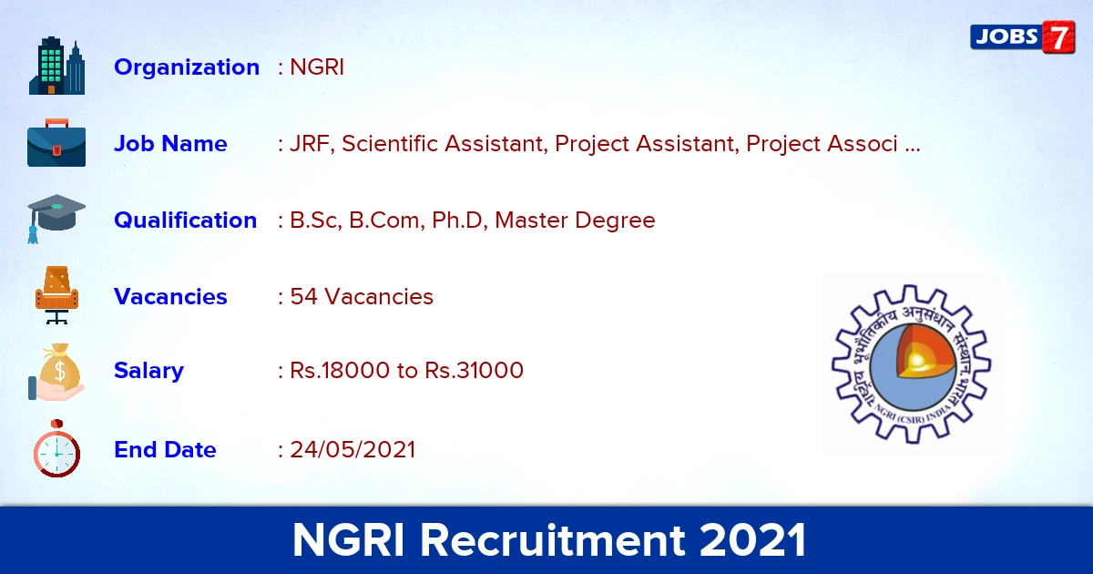 NGRI Recruitment 2021 - Apply Online for 54 JRF, Scientific Assistant vacancies