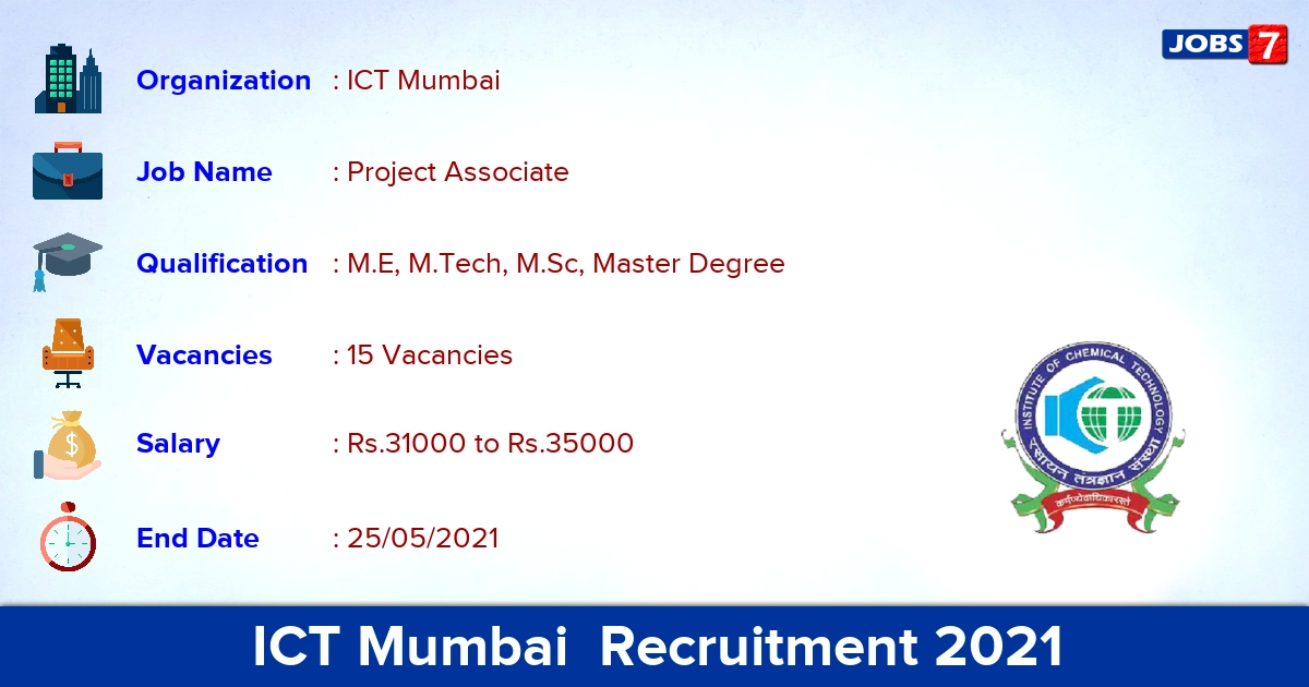 ICT Mumbai  Recruitment 2021 - Apply Online for 15 Project Associate vacancies