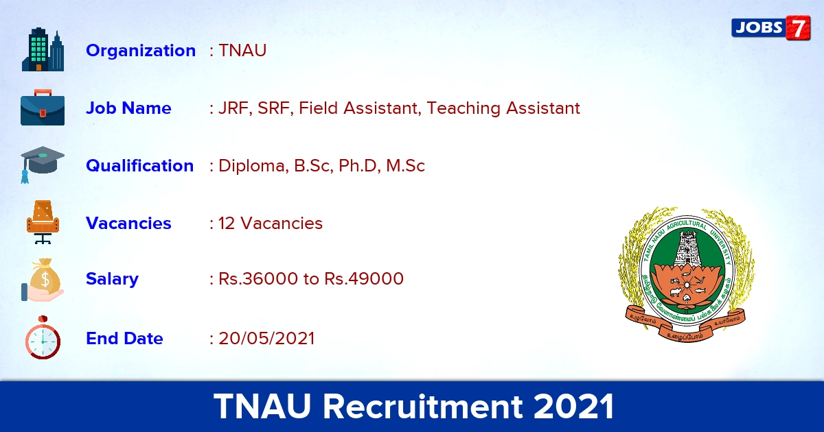 TNAU Recruitment 2021 - Apply Offline for 12  Teaching Assistant vacancies