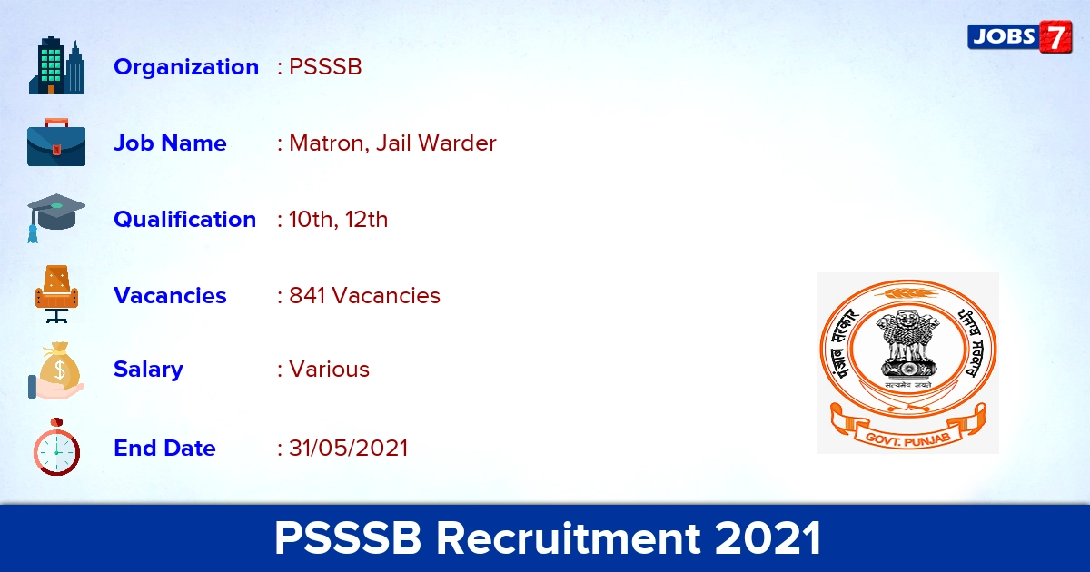PSSSB Recruitment 2021 - Apply Online for 841 Matron, Jail Warder vacancies