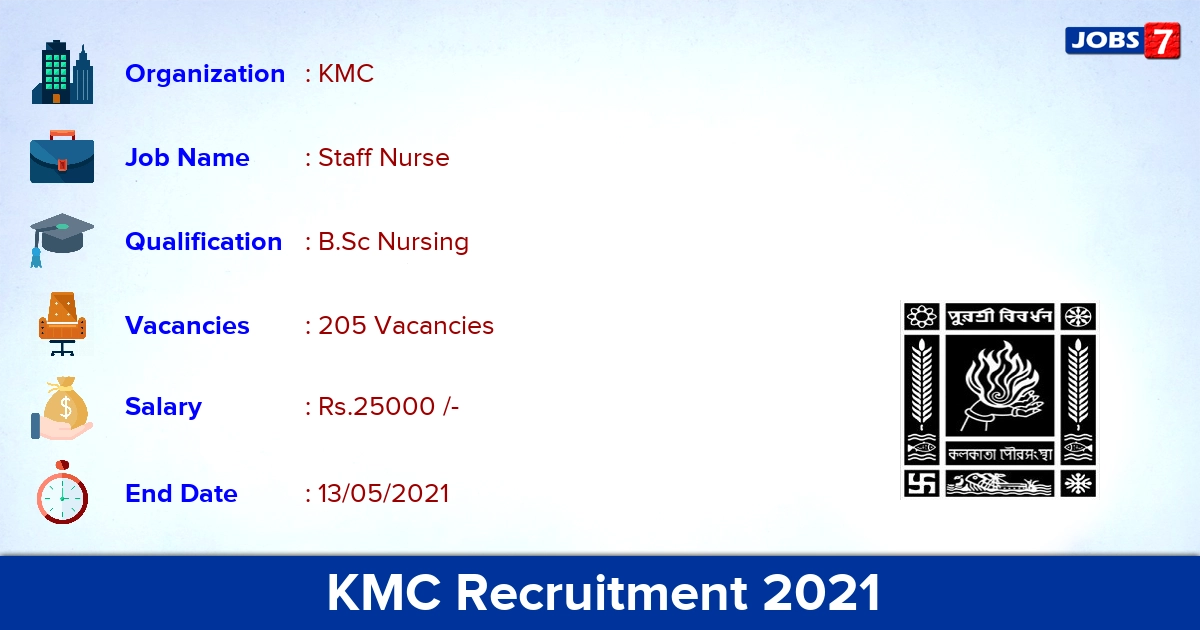 KMC Recruitment 2021 - Apply Online for 205 Staff Nurse vacancies