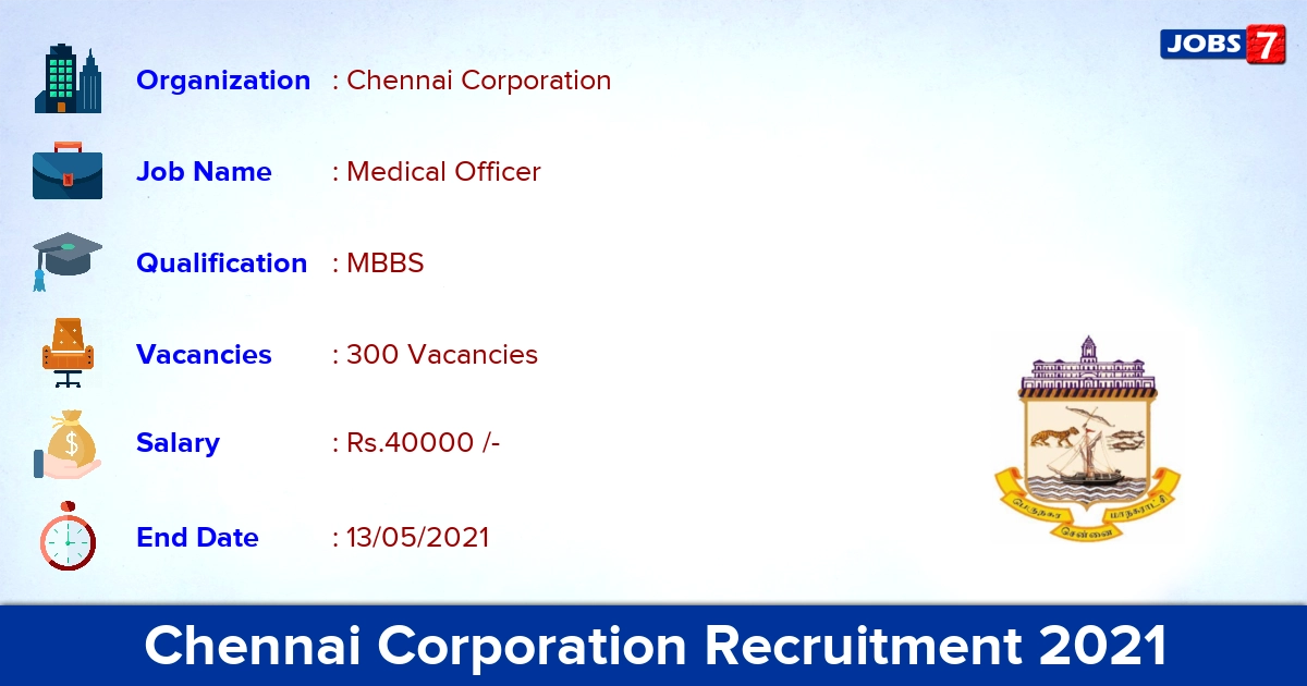 Chennai Corporation Recruitment 2021 - Apply Offline for 300 Medical Officer vacancies