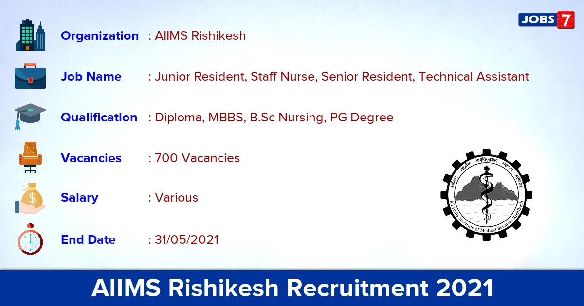 AIIMS Rishikesh Recruitment 2021 - Apply Offline for 700  Staff Nurse, Senior Resident vacancies