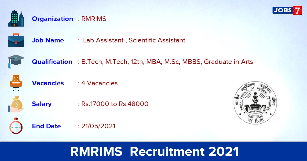 RMRIMS  Recruitment 2021 - Apply Offline for  Lab Assistant , Scientific Assistant Jobs