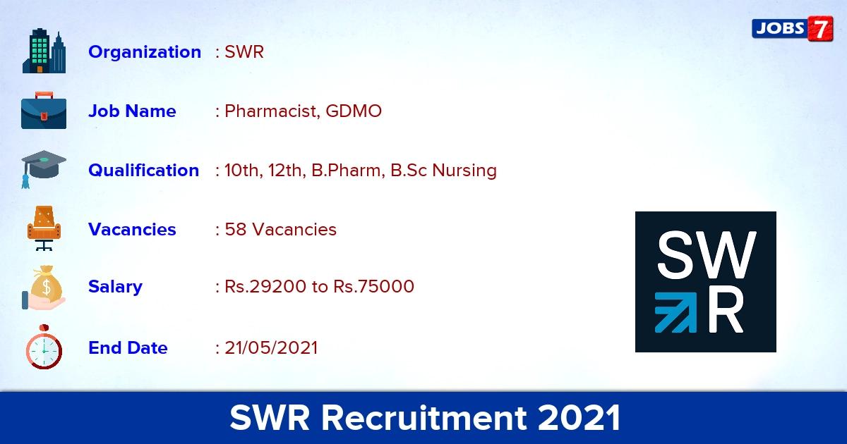 SWR Recruitment 2021 - Apply Online for 58 Pharmacist, GDMO vacancies