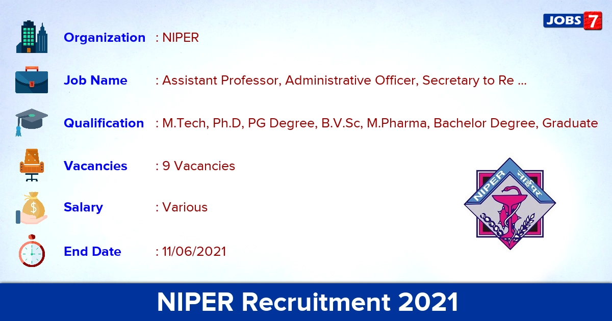 NIPER Recruitment 2021 - Apply Online for Assistant Professor Jobs