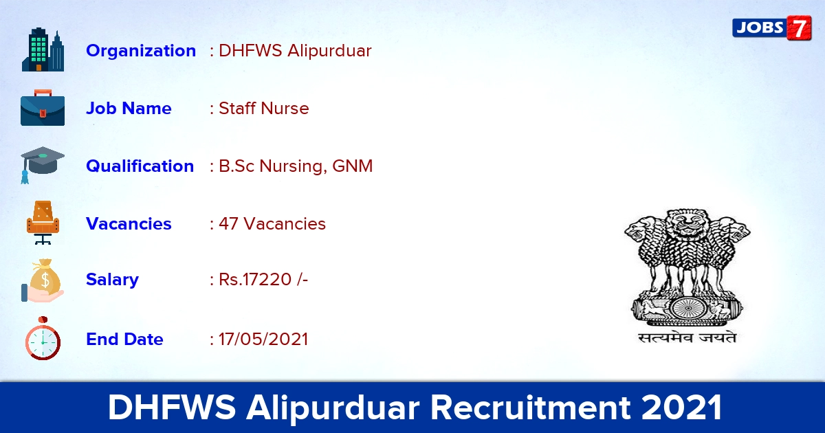 DHFWS Alipurduar Recruitment 2021 - Apply Offline for 47 Staff Nurse vacancies