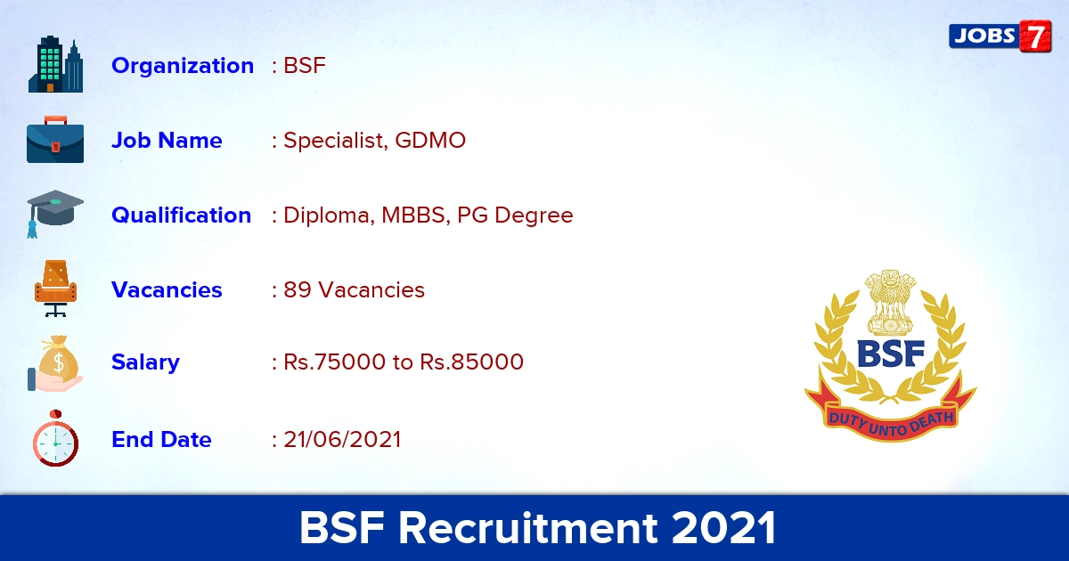 BSF Recruitment 2021 - Apply Offline for 89 Specialist, GDMO vacancies