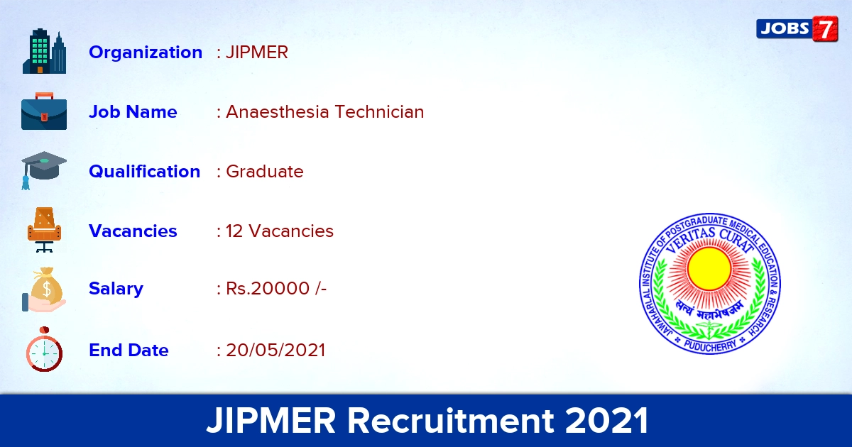 JIPMER Recruitment 2021 - Walk In for 12 Anaesthesia Technician vacancies