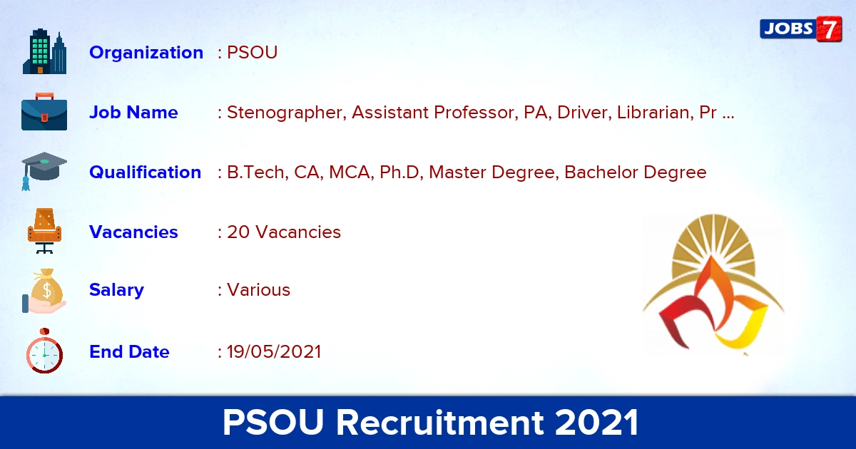 PSOU Recruitment 2021 - Apply Online for 20 Stenographer, Assistant Professor vacancies