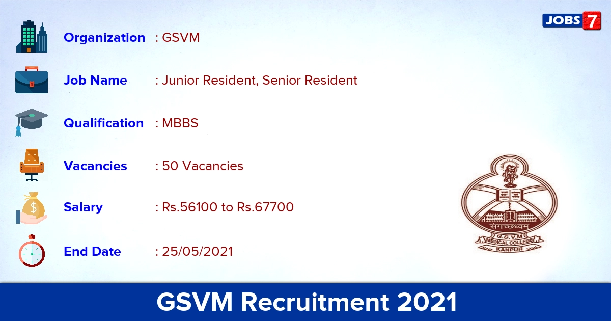 GSVM Recruitment 2021 - Apply Offline for 50 Junior Resident, Senior Resident vacancies