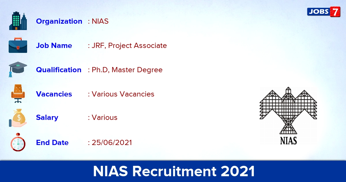 NIAS Recruitment 2021 - Apply Offline for JRF, Project Associate vacancies