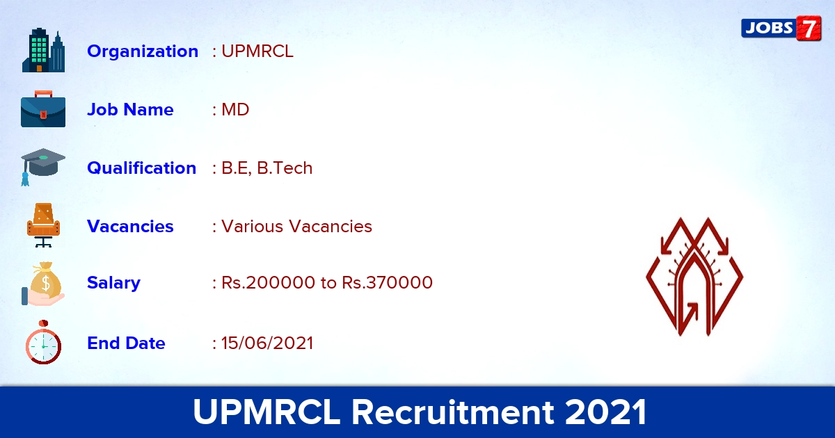 UPMRCL Recruitment 2021 - Apply Offline for Managing Director vacancies