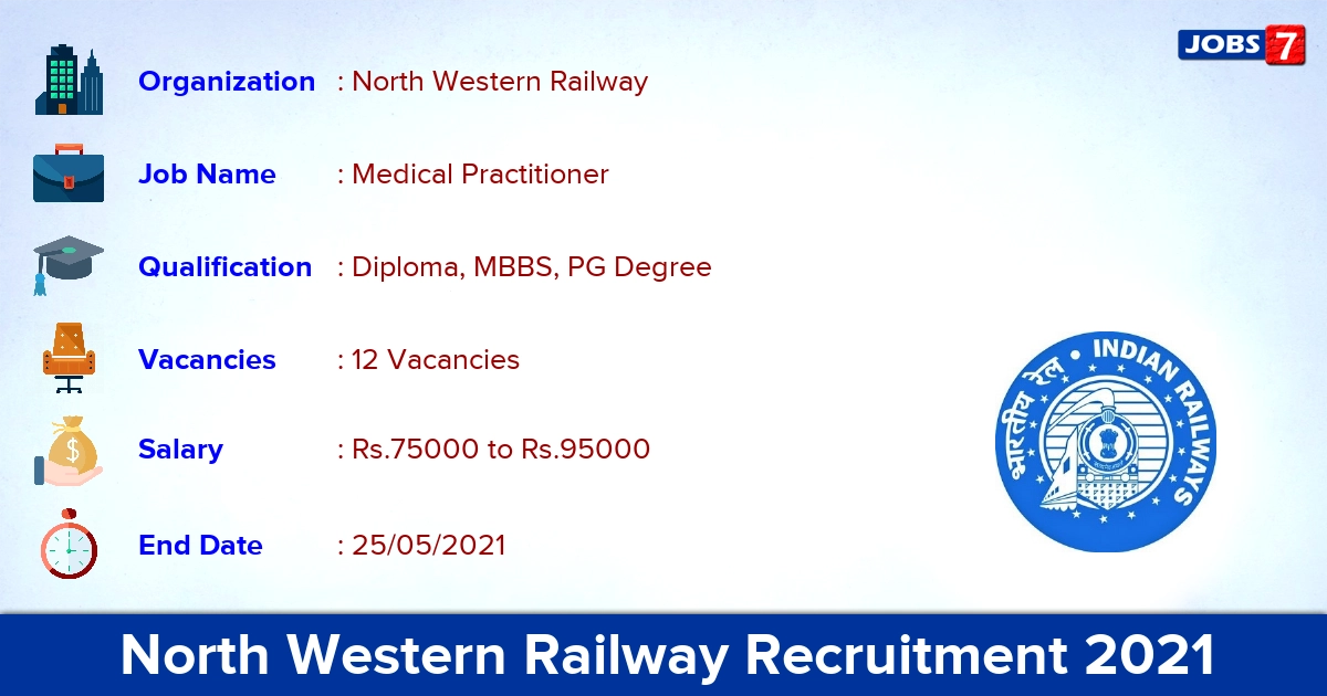 North Western Railway Recruitment 2021 - Apply Offline for 12 Medical Practitioner vacancies