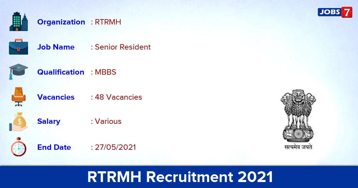 RTRMH Recruitment 2021 - Apply Offline for 48 Senior Resident Vacancies