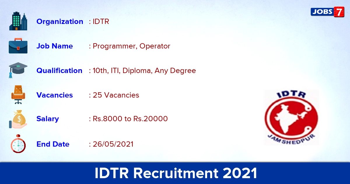 IDTR Recruitment 2021 - Apply Online for 25 Programmer, Operator Vacancies
