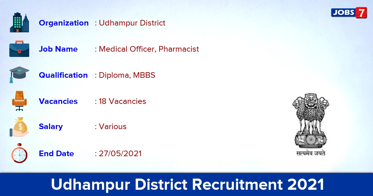 Udhampur District Recruitment 2021 - Apply Offline for 18 Medical Officer, Pharmacist Vacancies