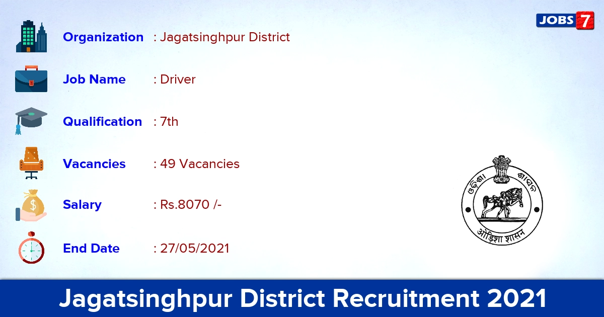 Jagatsinghpur District Recruitment 2021 - Apply Offline for 49 Driver Vacancies