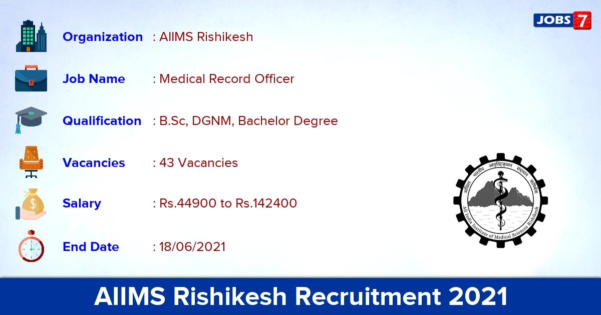 AIIMS Rishikesh Recruitment 2021 - Apply Online for 43 Medical Record Officer Vacancies