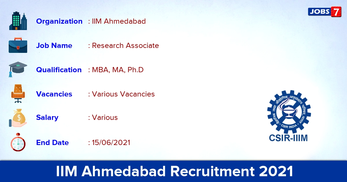 IIM Ahmedabad Recruitment 2021 - Apply Online for Research Associate Vacancies