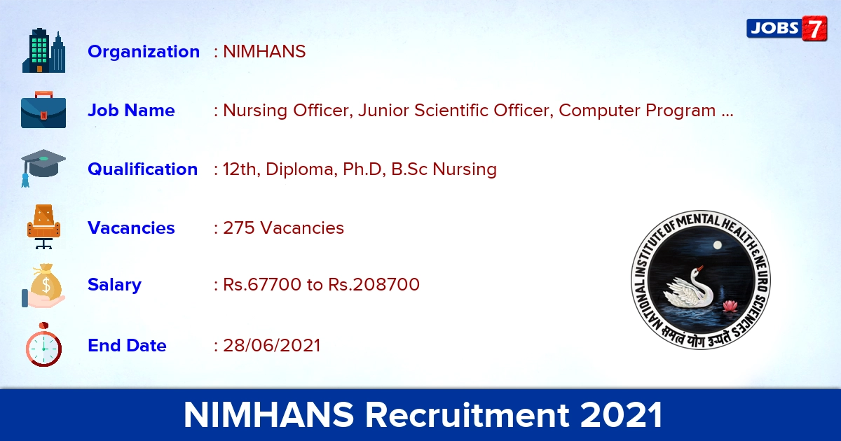 NIMHANS Recruitment 2021 - Apply Offline for 275 Nursing Officer, Senior Scientific Assistant Vacancies