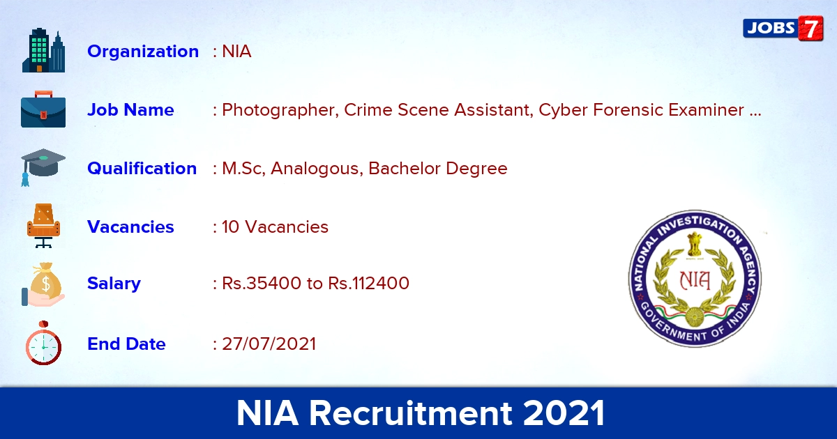 NIA Recruitment 2021 - Apply Offline for 10 Photographer, Biology Expert Vacancies NIA Recruitment 2021 - Apply Offline for 10 Photographer, Biology Expert Vacancies