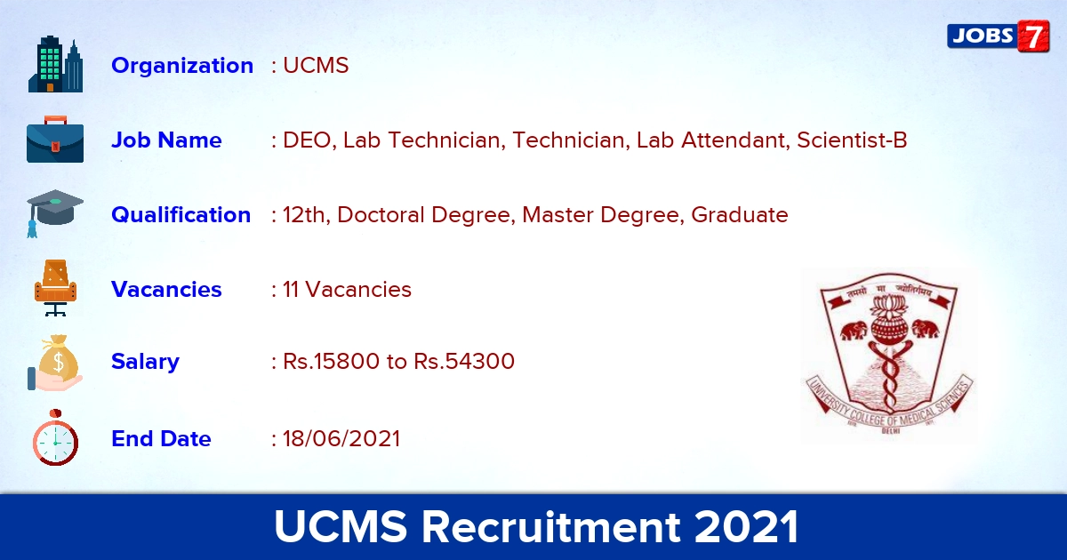 UCMS Recruitment 2021 - Apply Online for 11 DEO, Lab Technician Vacancies