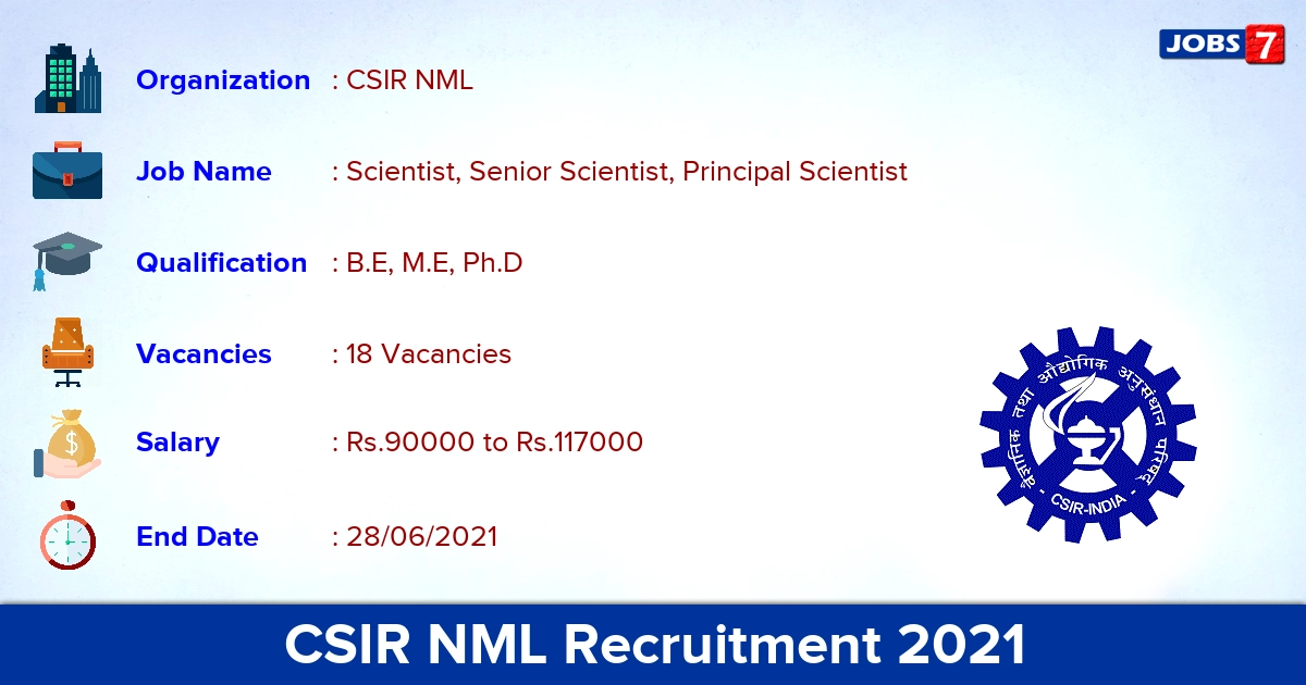 CSIR NML Recruitment 2021 - Apply Online for 18 Senior Scientist Vacancies