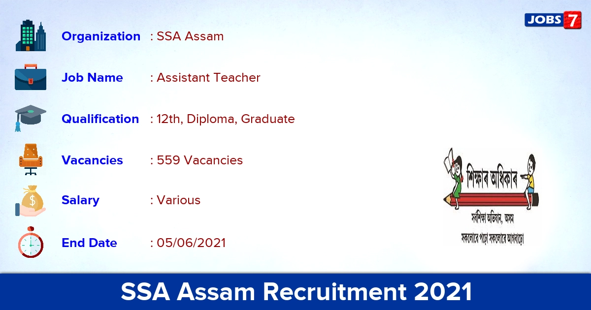 SSA Assam Recruitment 2021 - Apply Online for 559 Assistant Teacher Vacancies