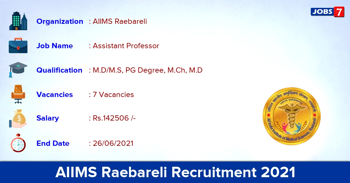 AIIMS Raebareli Recruitment 2021 - Apply Offline for Assistant Professor Jobs