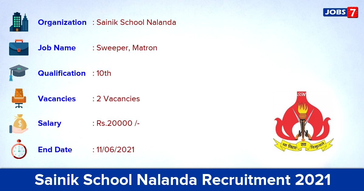 Sainik School Nalanda Recruitment 2021 - Apply Offline for Sweeper, Matron Jobs