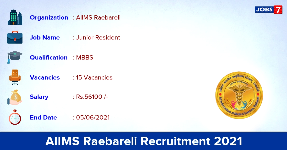 AIIMS Raebareli Recruitment 2021 - Apply Offline for 15 Junior Resident Vacancies AIIMS Raebareli Recruitment 2021 - Apply Offline for 15 Junior Resident Vacancies