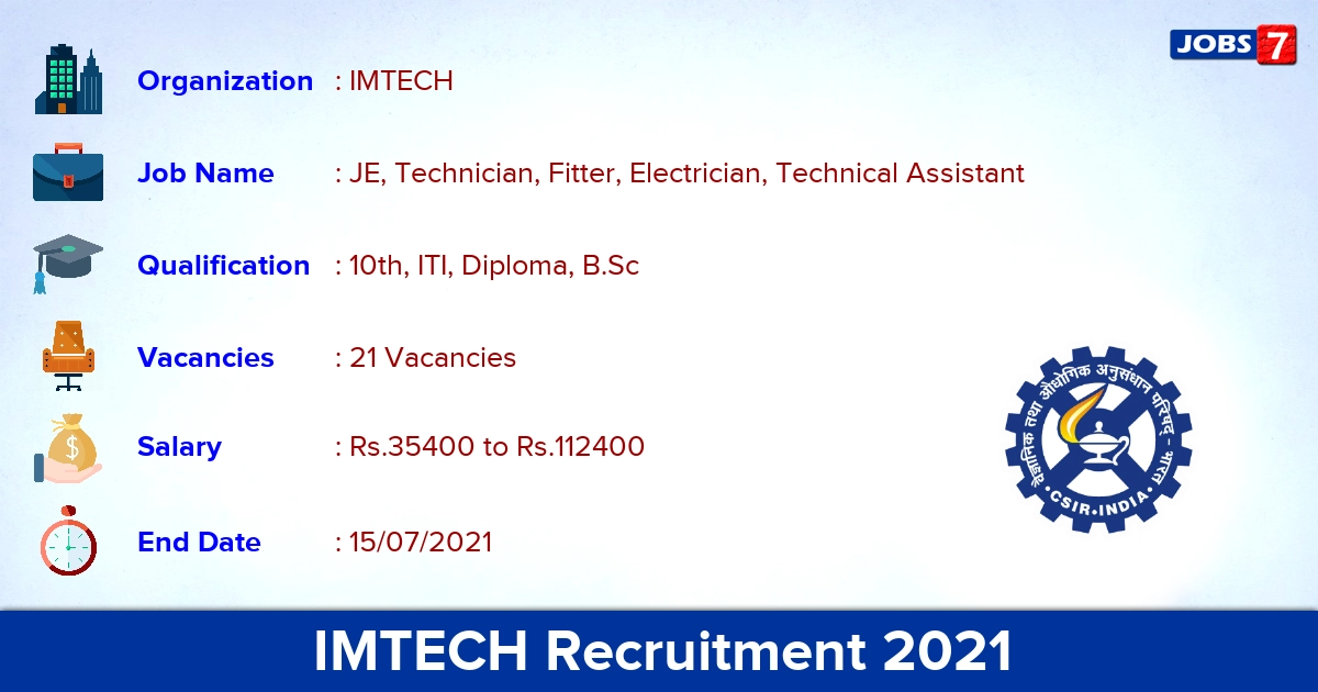 IMTECH Recruitment 2021 - Apply Online for 21 JE, Technician Vacancies