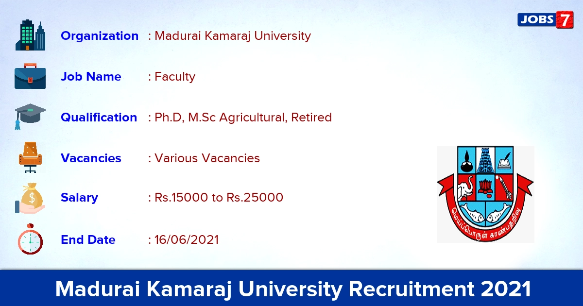 Madurai Kamaraj University Recruitment 2021 - Apply Online for Faculty Vacancies
