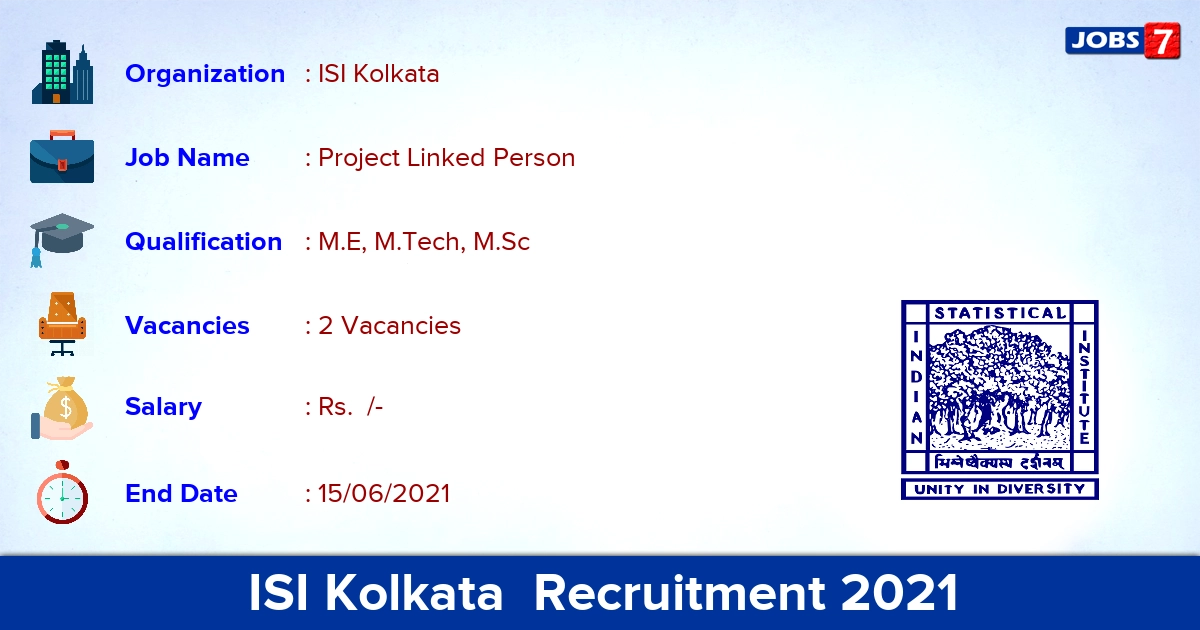 ISI Kolkata  Recruitment 2021 - Apply Online for Project Linked Person Jobs