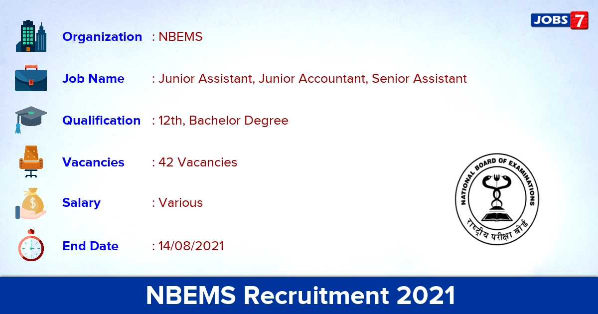 NBEMS Recruitment 2021 - Apply Online for 42 Junior Accountant, Senior Assistant Vacancies