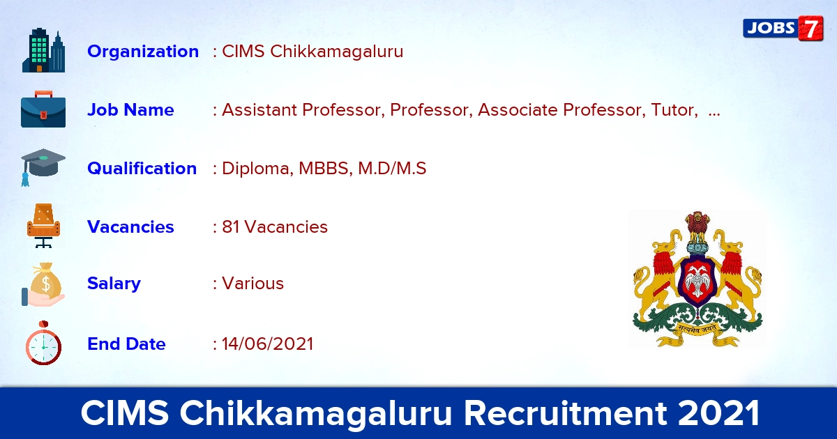 CIMS Chikkamagaluru Recruitment 2021 - Apply Offline for 81 Professor, Senior Resident Vacancies