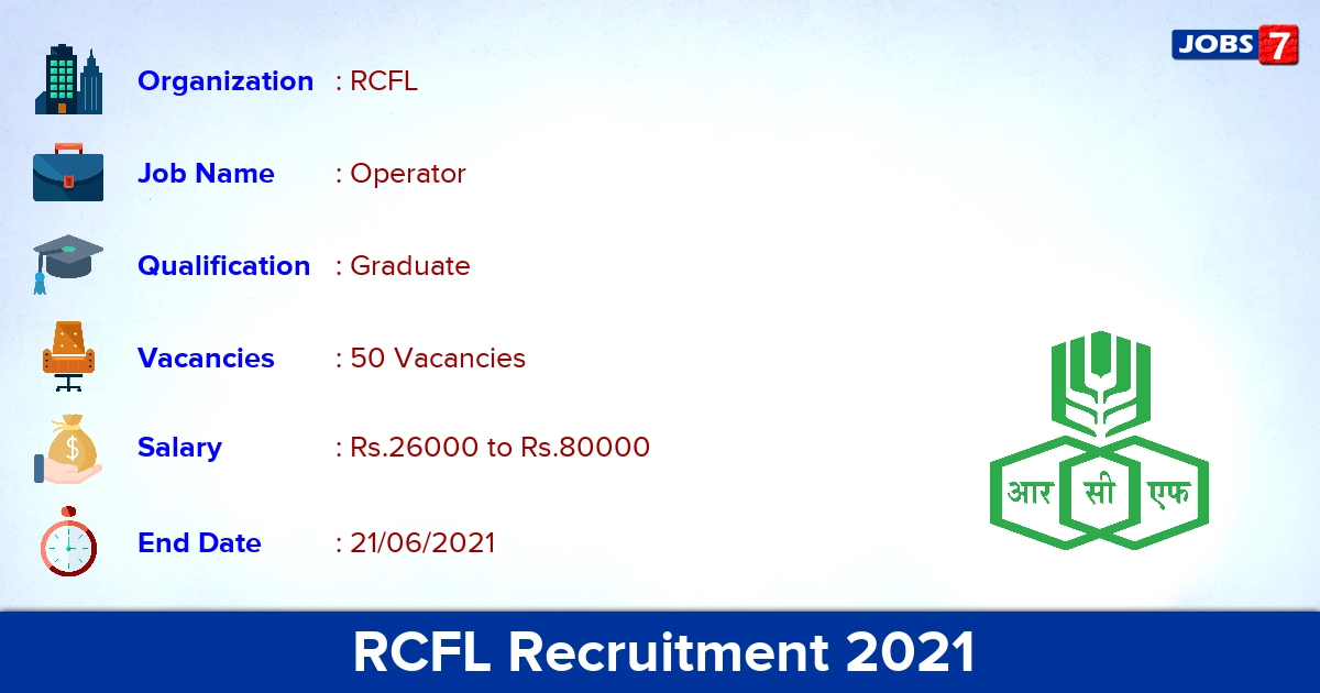 RCFL Recruitment 2021 - Apply Online for 50 Operator Vacancies
