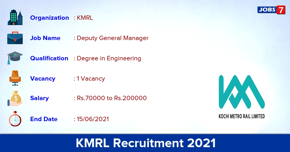KMRL Recruitment 2021 - Apply Online for Deputy General Manager Jobs KMRL Recruitment 2021 - Apply Online for Deputy General Manager Jobs