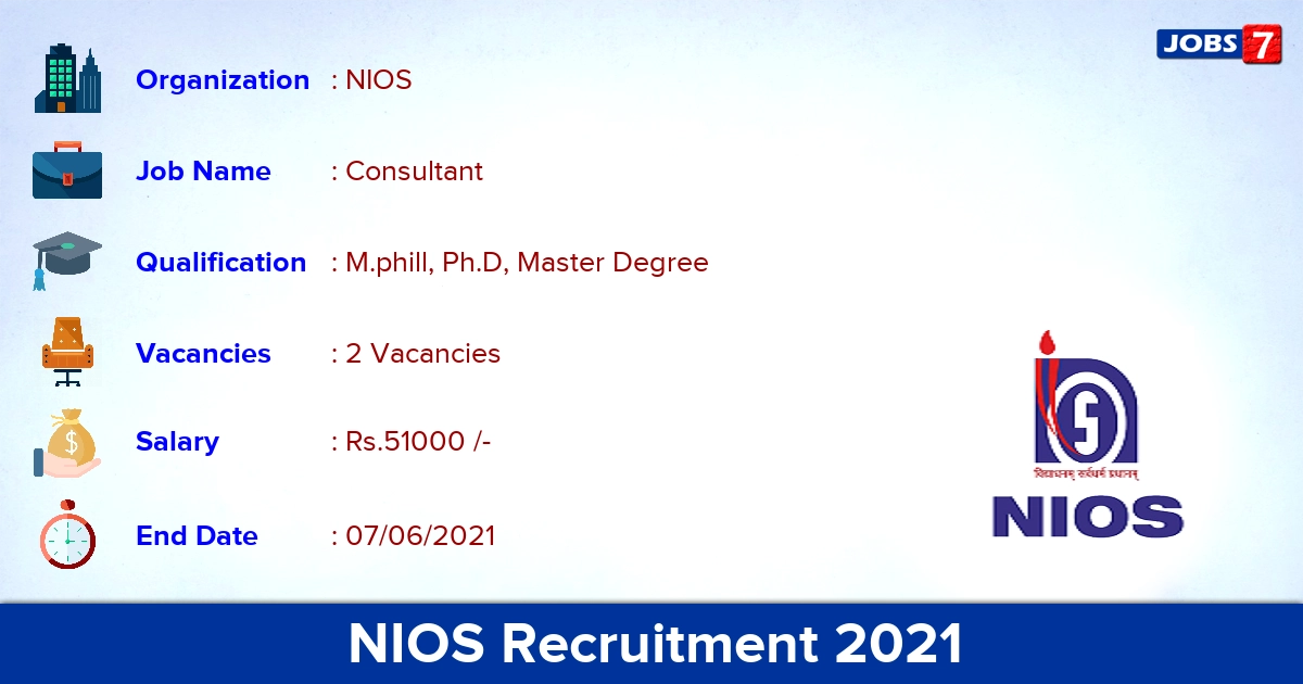 NIOS Recruitment 2021 - Apply Online for Consultant Jobs