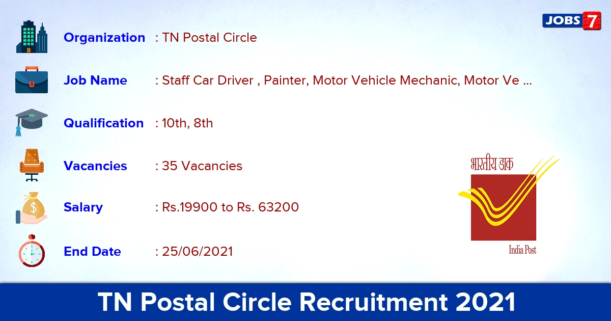 TN Postal Circle Recruitment 2021 - Apply Offline for 35 Driver, Tyreman Vacancies