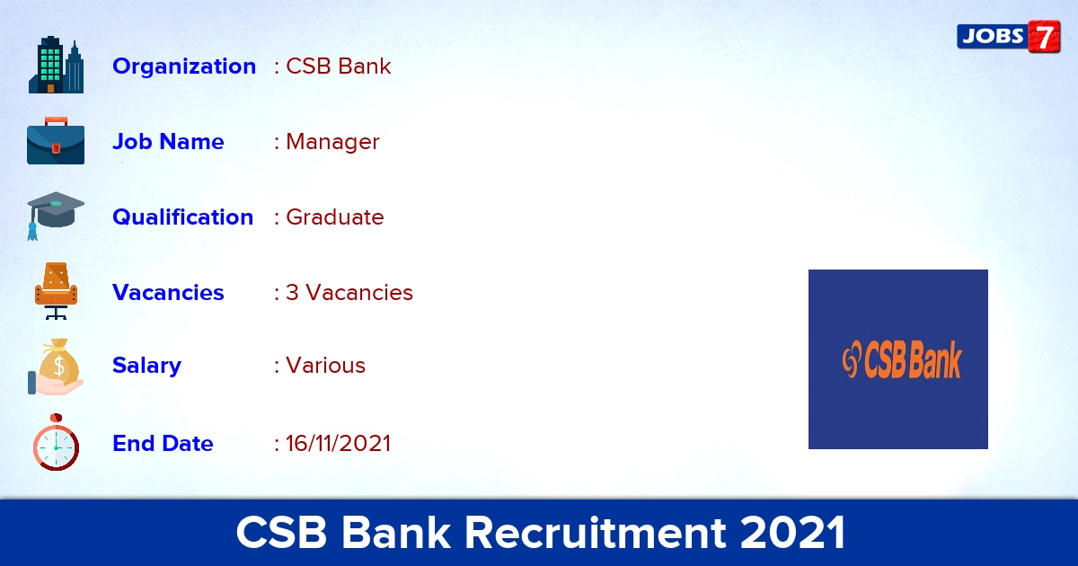 CSB Bank Recruitment 2021 - Apply Online for Manager Jobs