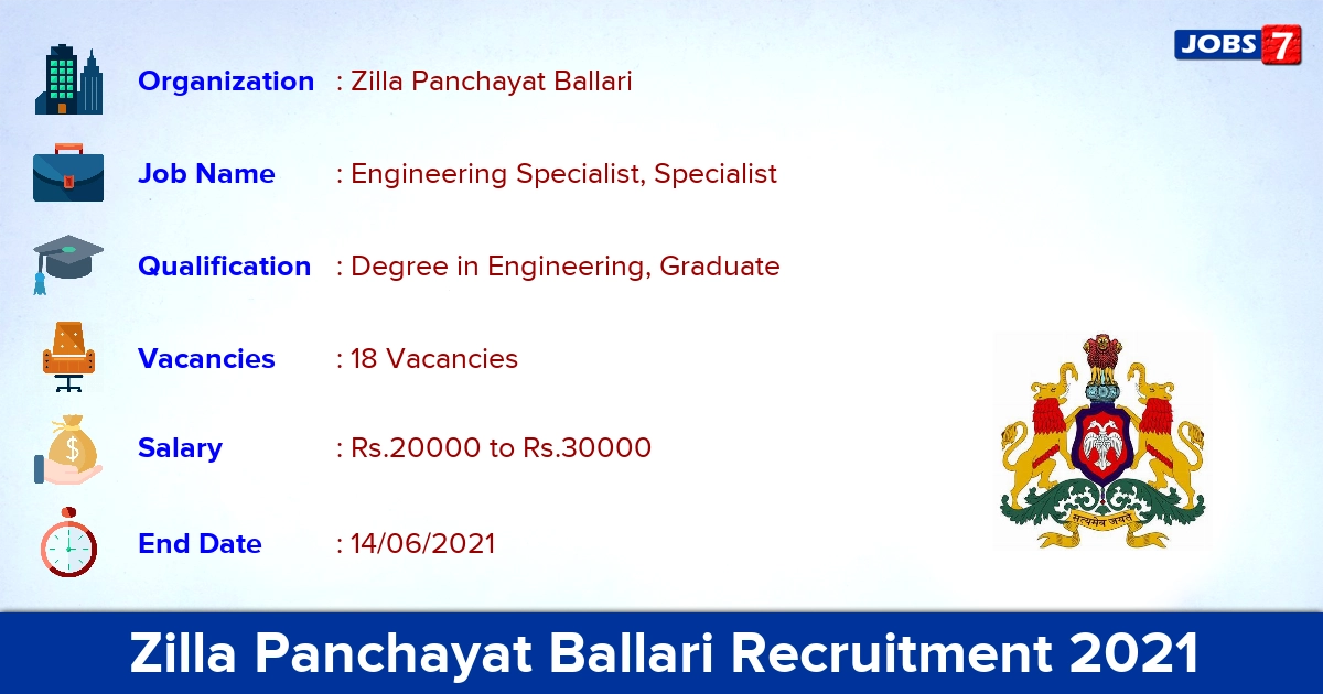 Zilla Panchayat Ballari Recruitment 2021 - Apply Online for 18 Engineering Specialist, Specialist Vacancies