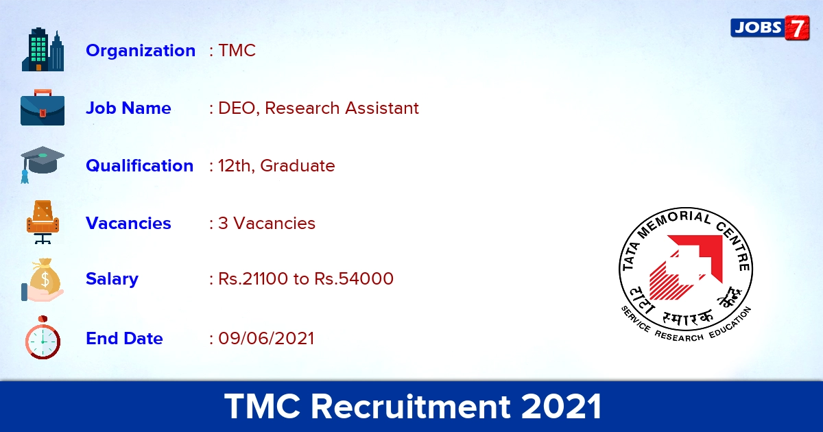 TMC Recruitment 2021 - Apply Online for DEO, Research Assistant Jobs
