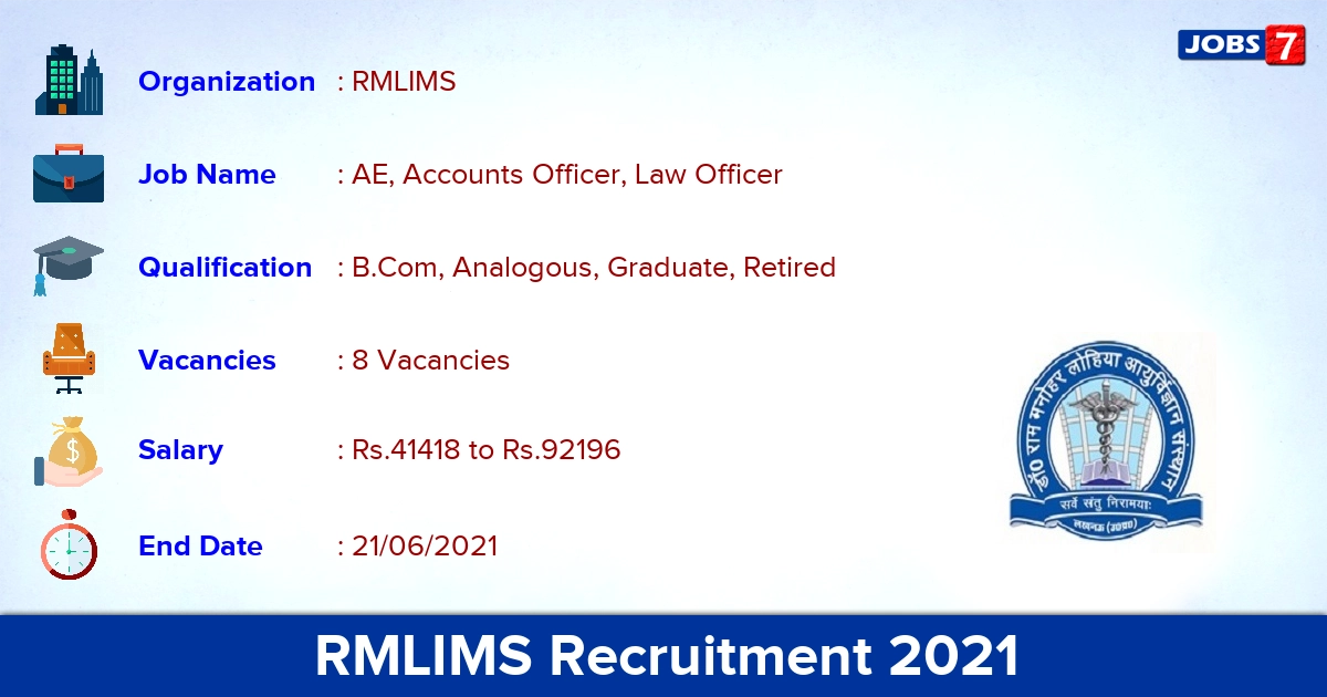 RMLIMS Recruitment 2021 - Apply Offline for Accounts Officer, Law Officer Jobs