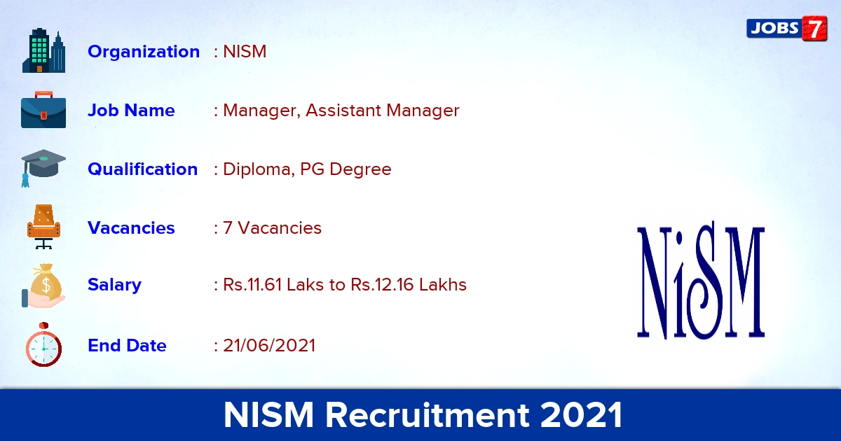 NISM Recruitment 2021 - Apply Online for Manager, Assistant Manager Jobs