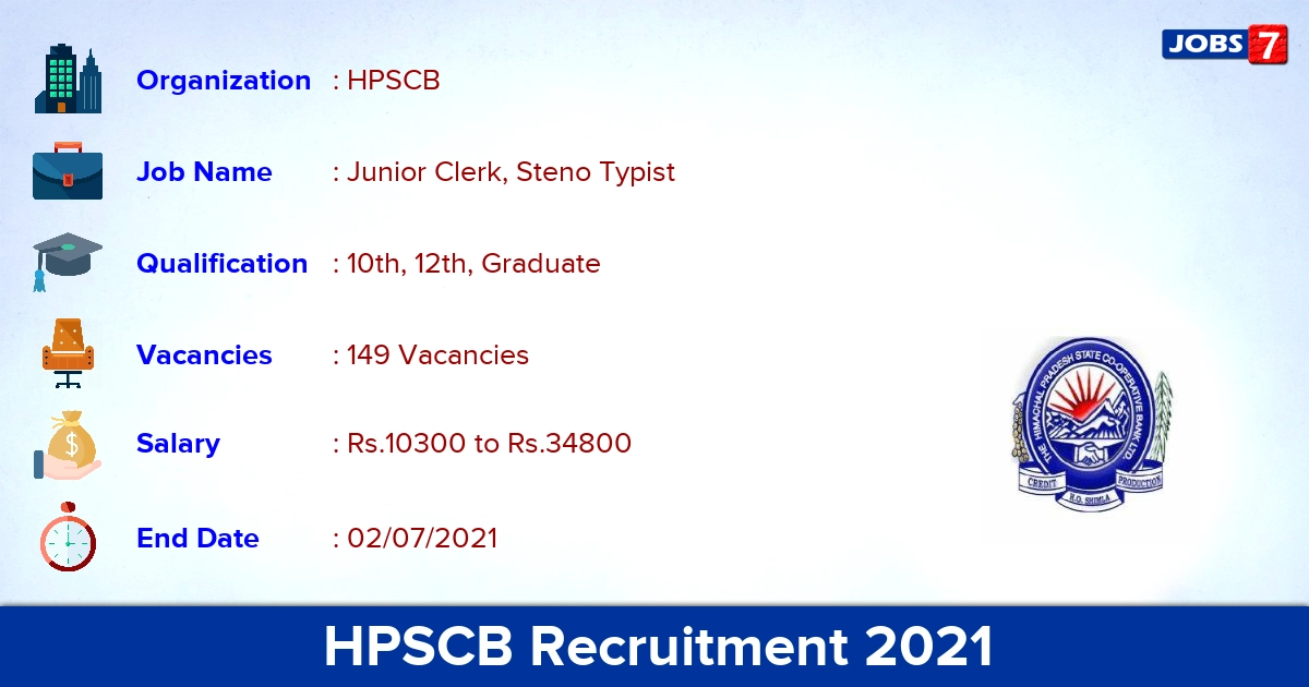 HPSCB Recruitment 2021 - Apply Online for 149 Junior Clerk, Steno Typist Vacancies