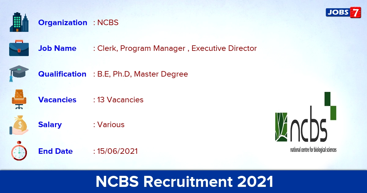 NCBS Recruitment 2021 - Apply Online for 13 Clerk, Program Manager Vacancies