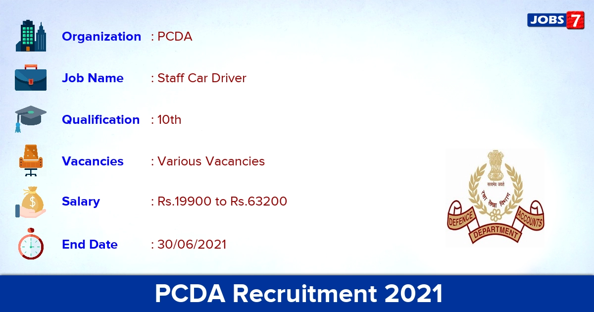 PCDA Recruitment 2021 - Apply Offline for Staff Car Driver Vacancies